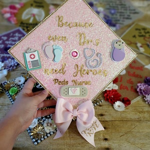 Graduation Cap Toppers/ Flower graduation cap/ Glitter Graduation Cap/ peds nurse/ nurse graduation cap with stickers/ nurse cap with bow image 3