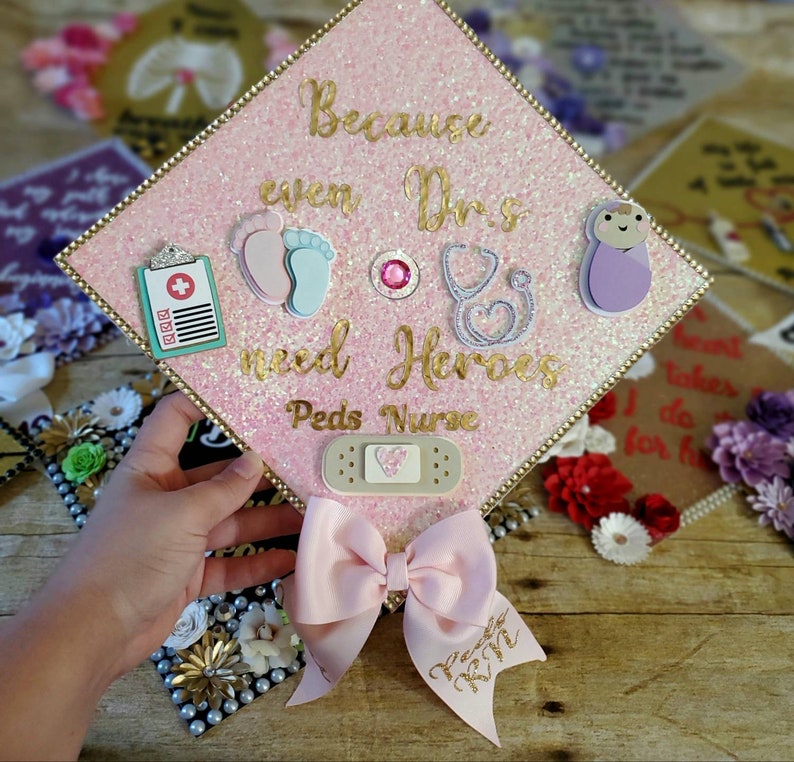 Graduation Cap Toppers/ Flower graduation cap/ Glitter Graduation Cap/ peds nurse/ nurse graduation cap with stickers/ nurse cap with bow image 3