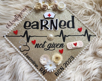 Graduation Cap Toppers/ Flower graduation cap/ Glitter Graduation Cap/ Customizable/ nurse cap topper/ earned not given