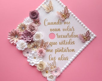 Ready to SHIP/ Cuando me vean volar Graduation Cap Topper/ Flower graduation cap/ Glitter Graduation Cap/ rose gold/ butterflies