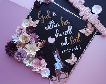 God is within her Graduation Cap Toppers/ Flower graduation cap/ Glitter Graduation Cap/ cap with butterflies/ floral graduation cap