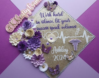 Work hard in silence Graduation Cap Toppers/ Flower graduation cap/ Glitter Graduation Cap/ purple and gold/ purple and white