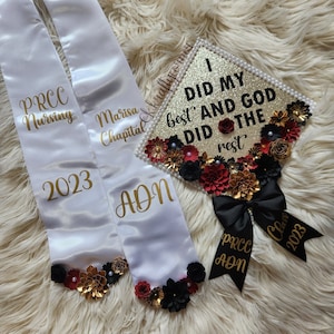 Decorazioni per cappello di laurea/ Cappello di laurea con fiori/ Cappello di laurea glitterato/ Personalizzabile/ Fiocco di laurea/ Bordeaux e oro/ Stola di laurea