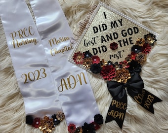 Graduation Cap Toppers/ Flower graduation cap/ Glitter Graduation Cap/ Customizable/graduation bow/ maroon and gold/ graduation stole