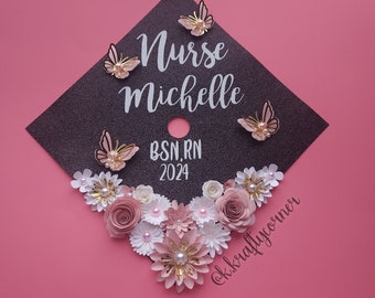 Graduation Cap Toppers/ Flower graduation cap/ Glitter Graduation Cap/ Customizable/ nurse cap