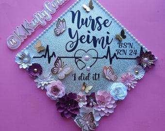 Nurse Graduation Cap Toppers/ Flower graduation cap/ Glitter Graduation Cap/ cap with butterflies/ pink and burgundy