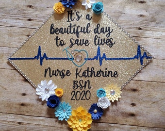 Graduation Cap Toppers/ Flower graduation cap/ Glitter Graduation Cap/ blue and yellow