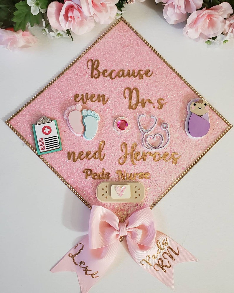 Graduation Cap Toppers/ Flower graduation cap/ Glitter Graduation Cap/ peds nurse/ nurse graduation cap with stickers/ nurse cap with bow image 4