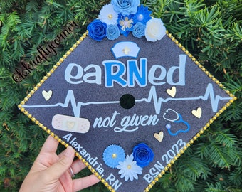 Graduation Cap Toppers/ Flower graduation cap/ Glitter Graduation Cap/ Customizable/ nurse cap topper/ earned not given