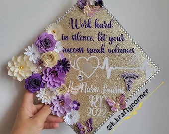 Graduation Cap Toppers/ Flower graduation cap/ Glitter Graduation Cap/ purple and gold/ purple and white