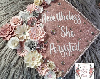 Graduation Cap Toppers/ Flower graduation cap/ Glitter Graduation Cap/ rose gold and gray