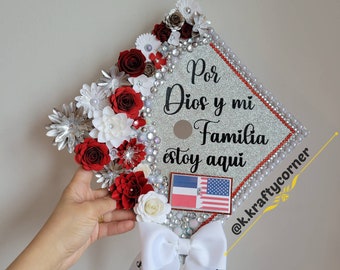 Graduation Cap Toppers/ Flower graduation cap/ Glitter Graduation Cap/ Customizable/ cap topper with blings/ red and white