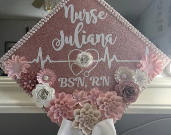 Nurse Graduation Cap Toppers/ Flower graduation cap/ Glitter Graduation Cap/ Customizable/graduation bow