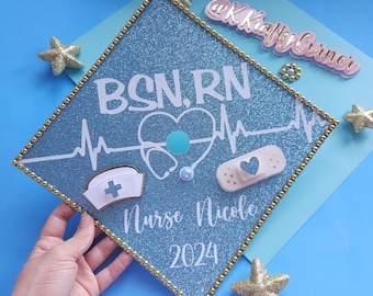 BSN, RN Graduation Cap Toppers/ Flower graduation cap/ Glitter Graduation Cap/ Customizable/ nurse cap topper