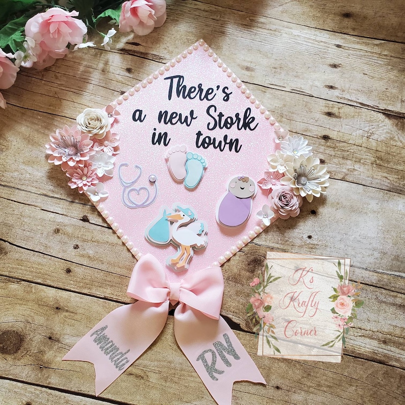 Graduation Cap Toppers/ Flower graduation cap/ Glitter Graduation Cap/ peds nurse/ nurse graduation cap with stickers/ nurse cap with bow image 10