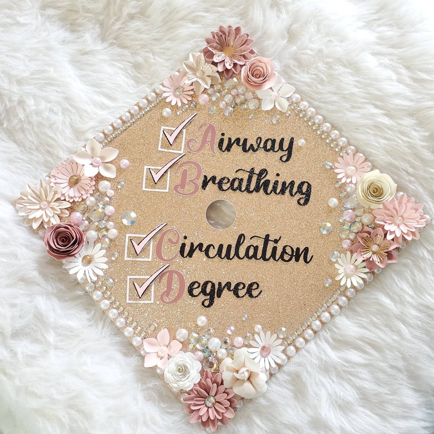 Graduation Cap Toppers/ Flower Graduation Cap/ Glitter Graduation Cap/  Customizable/ Cap Topper With Blings/ Rose Gold 
