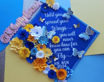 Until you spread your wings graduation Cap Toppers/ Flower graduation cap/ Glitter Graduation Cap/ Customizable/blue and yellow/ butterflies