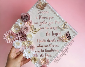 Gracias a mi mama Graduation Cap Toppers/ Flower graduation cap/ Glitter Graduation Cap/ Customizable/ butterflies