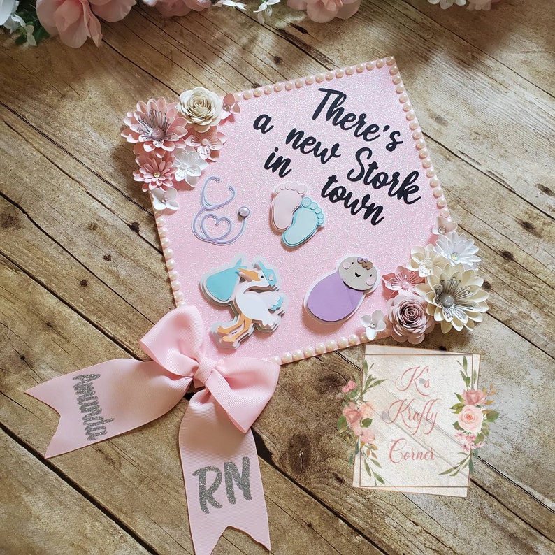 Graduation Cap Toppers/ Flower graduation cap/ Glitter Graduation Cap/ peds nurse/ nurse graduation cap with stickers/ nurse cap with bow image 7