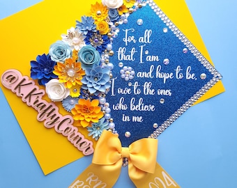 Graduation Cap Toppers/ Flower graduation cap/ Glitter Graduation Cap/ Customizable/ cap topper with blings/ blue and gold