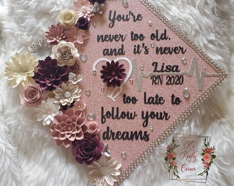 Graduation Cap Toppers/ Flower graduation cap/ Glitter Graduation Cap/ rose gold and burgundy