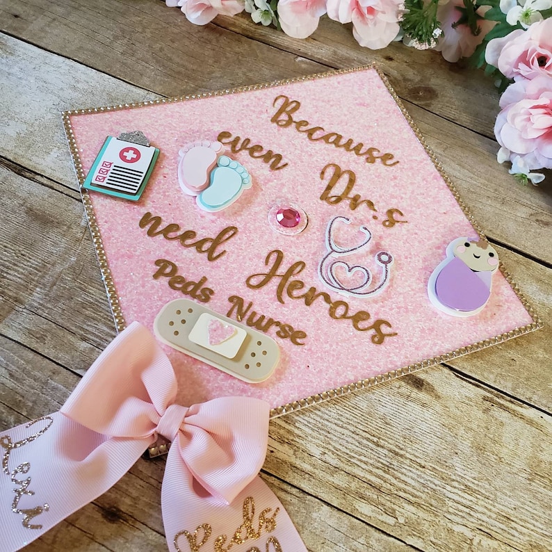 Graduation Cap Toppers/ Flower graduation cap/ Glitter Graduation Cap/ peds nurse/ nurse graduation cap with stickers/ nurse cap with bow image 2