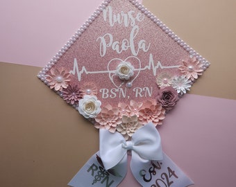 Nurse Graduation Cap Toppers/ Flower graduation cap/ Glitter Graduation Cap/ Customizable/graduation bow