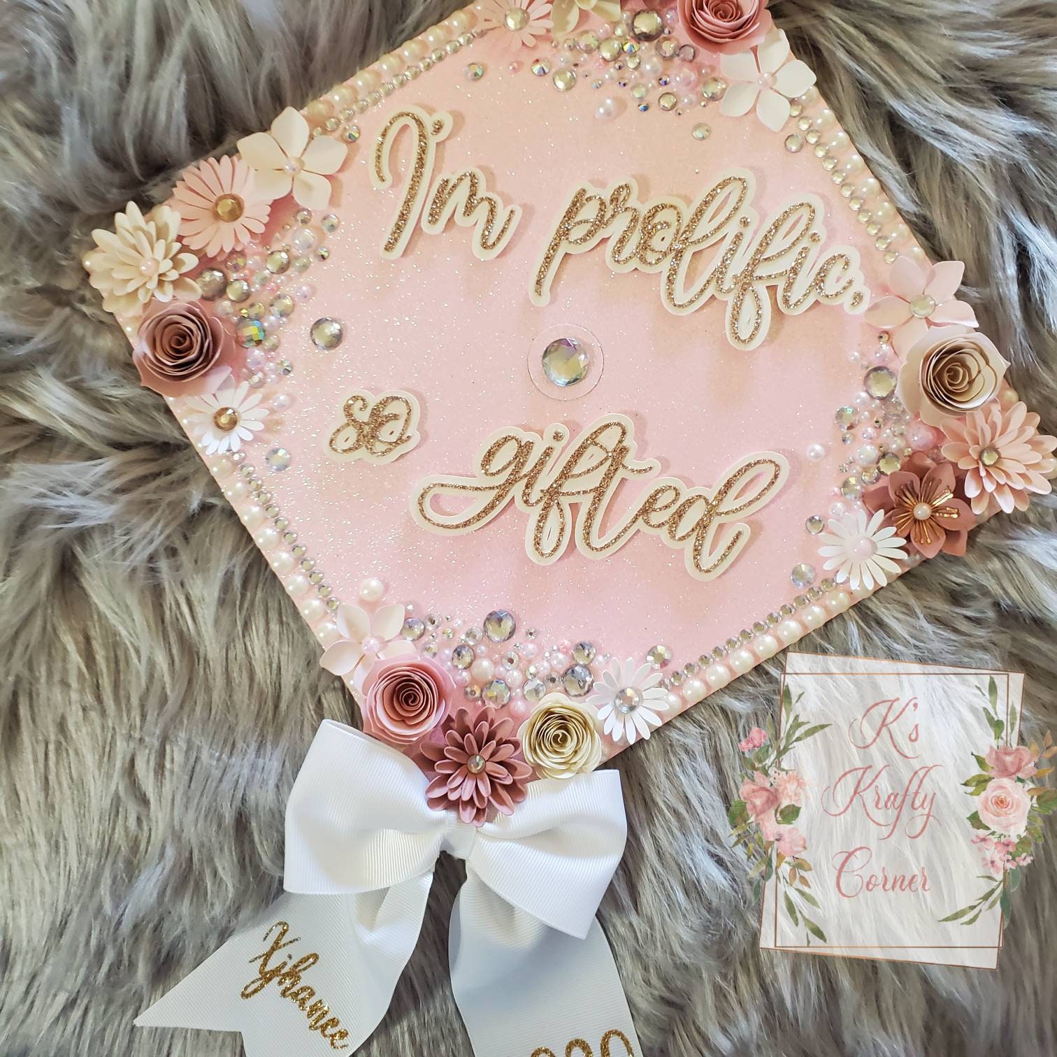 Graduation Cap Toppers/ Flower Graduation Cap/ Glitter Graduation Cap/  Customizable/ Cap Topper With Blings/ Rose Gold 