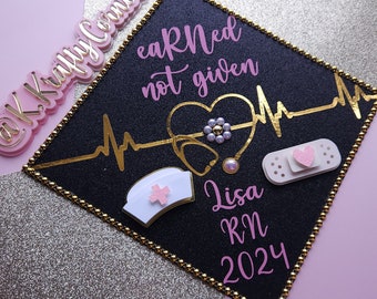 eaRNed not given Graduation Cap Toppers/ Flower graduation cap/ Glitter Graduation Cap/ Customizable/ nurse cap topper/ pink and gold