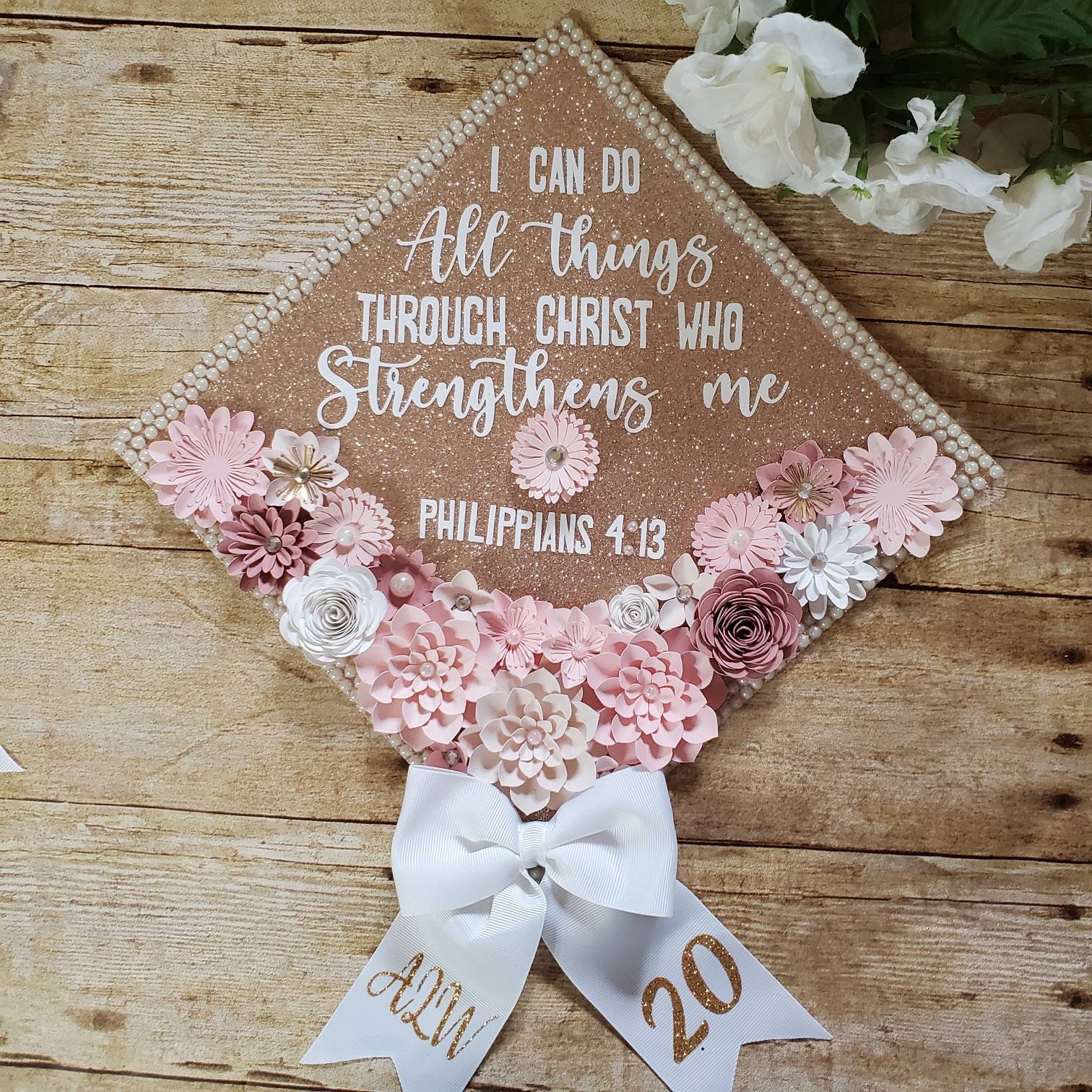 Graduation Cap Toppers/ Flower Graduation Cap/ Glitter Graduation Cap/  Customizable/ Cap Topper With Blings/ Rose Gold 