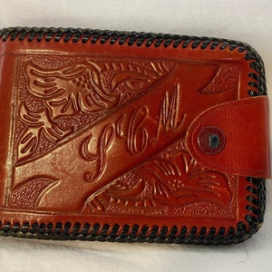 Vintage 1950's Red Tooled Leather Bi Fold Wallet Tooled Flower Decoration, Monogram Present