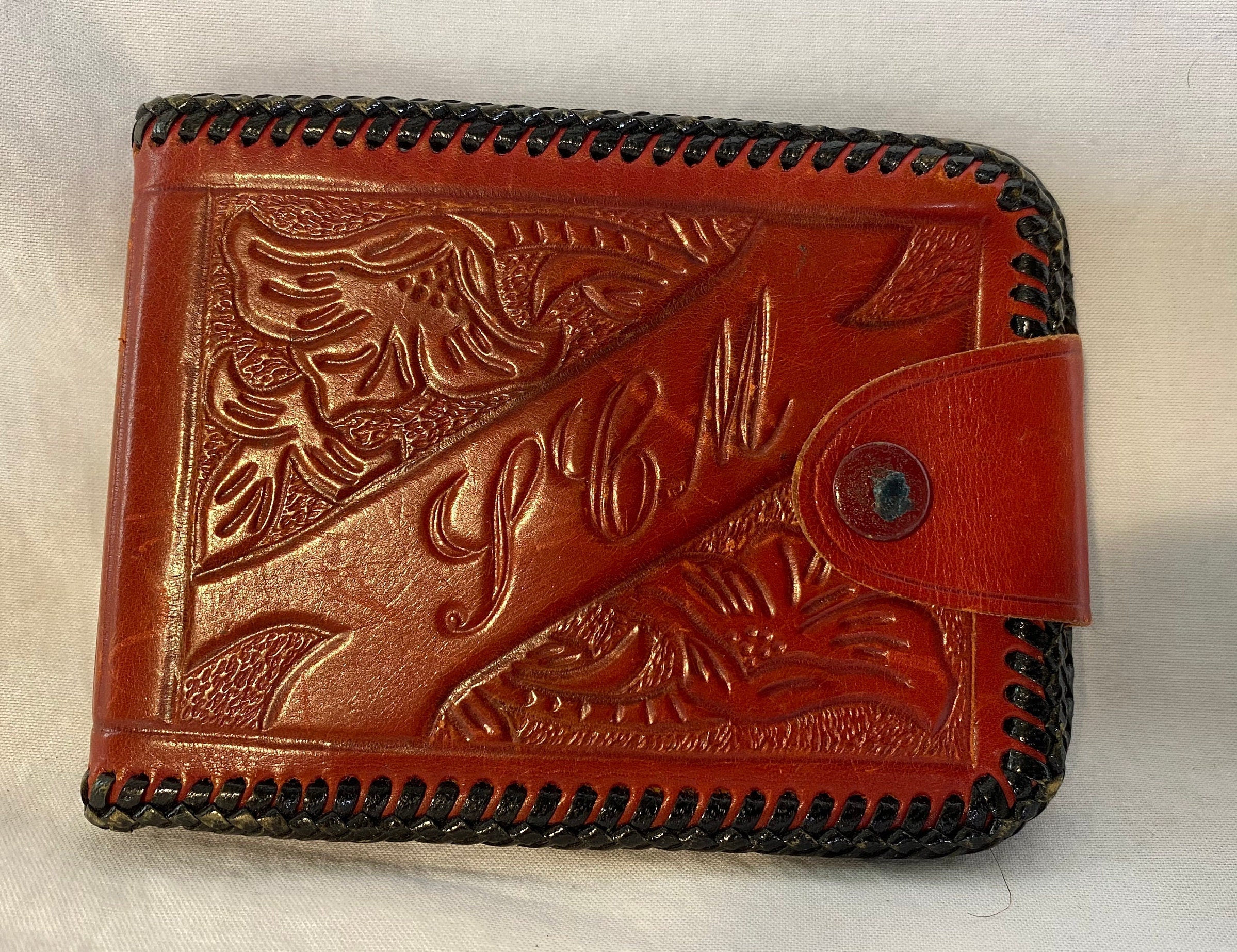 Vintage 1950's Red Tooled Leather Bi Fold Wallet Tooled 