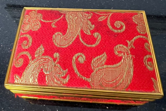 Vintage Jewelry Box Metal With Red And Gold Broca… - image 4