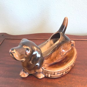 Vintage Ceramic Dog Planter: Mid Century Brown Glaze Pottery Caddie