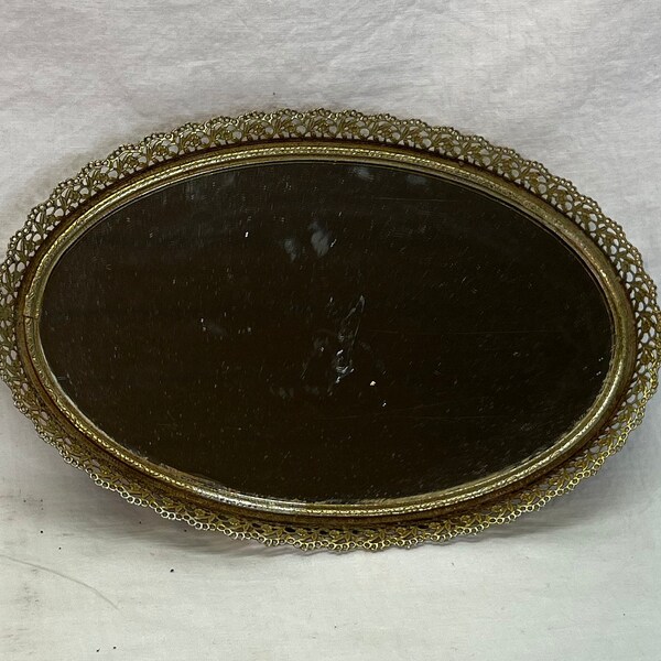 Vintage Oval Vanity Top Or Wall Mirror Perfume Tray With Gold Ormolu Sides And Velvet Bottom