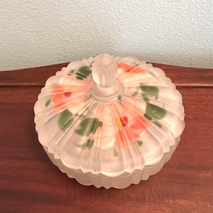 Vintage Anchor Hocking Frosted Satin Glass Dresser Box With Reverse Painted Lid "Forget Me Not" Hand Painted 1920s