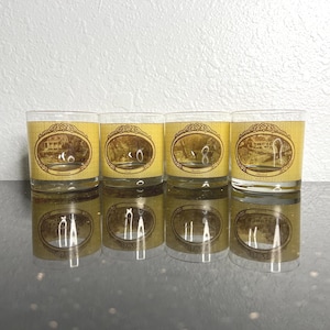 Vintage Houze Currier And Ives Four Seasons Homestead Set Of 4 Old Fashion Glasses Window, Looking Glass. Spring, Summer, Fall & Winter