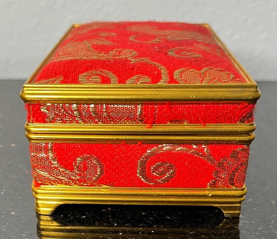 Vintage Jewelry Box Metal With Red And Gold Broca… - image 7