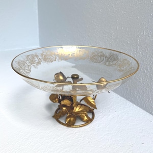 Vintage Italian Gilt Gold Tole Metal, Hollywood Regency, Ornate Gilt Metal , Florentine Decor Rose Base Compote Console Bowl