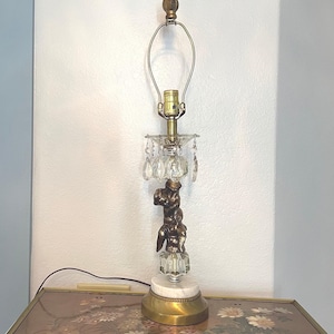 Rococo Hollywood Regency Cherub Lamp With Teardrop Crystal Prisms, Brass And Italian Marble Base