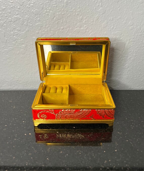 Vintage Jewelry Box Metal With Red And Gold Broca… - image 1