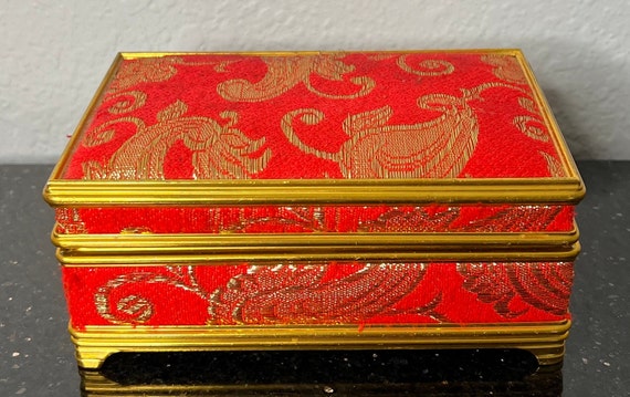 Vintage Jewelry Box Metal With Red And Gold Broca… - image 2