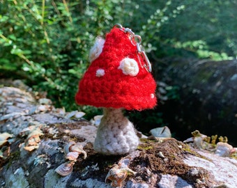 Red Toadstool Mushroom Keychain with Red Agate, Crochet Mushroom Keychain, Handmade Keychain, Red Mushroom Keychain, Toadstool Keychain