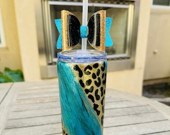 turquoise gold and cheetah skinny tumbler, with bow straw topper as shown