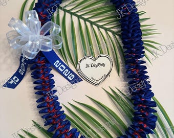 Royal Blue and Red Lei, with bow Graduation Lei