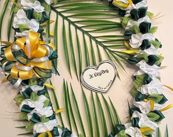 White, Yellow and Green Lei, with bow Graduation Lei