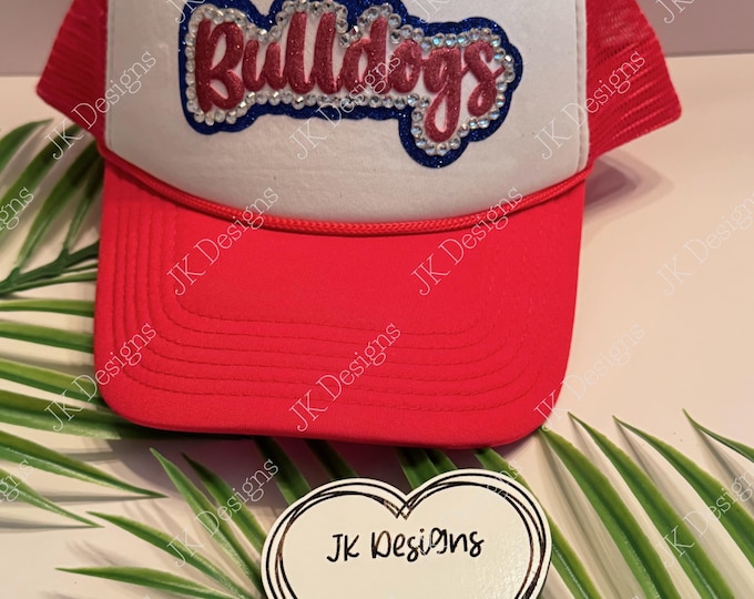 Bulldogs Red trucker Hat, crystal rhinestone outline, glitter design