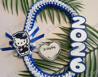 Kitty Royal Blue and White 2026 Ribbon Lei, Graduation lei