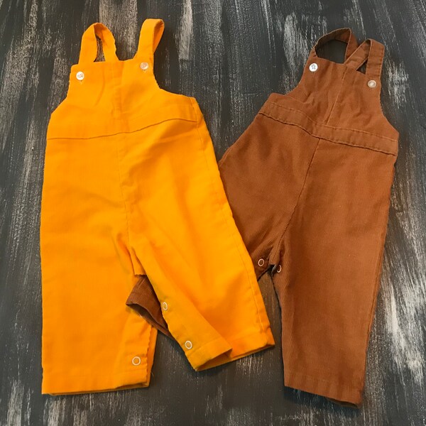 2 Vintage Kids Health-Tex Corduroy Overalls 9M Brown Yellow Romper Very 70s 80s