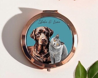 Custom Pet Portrait Compact Mirror - Click Button Makeup Mirror - Available in 2 colours